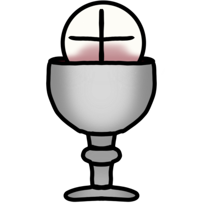 a silver chalice with a large communion wafer dipped in it, stained partly red from the wine in the chalice.